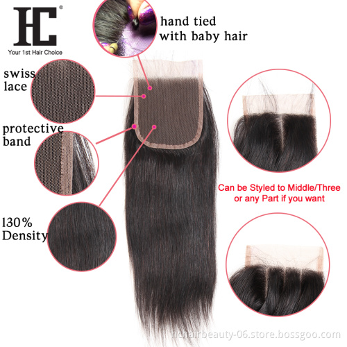 HC Straight Hair 3 Bundles With Closure Brazilian Remy Human Hair Weave 13x4 Pre Plucked Lace Frontal Closure With Bundles 4 Pcs